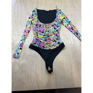 AFRM Bodysuit Colorful Floral M Mesh Runched Sheer Sleeves